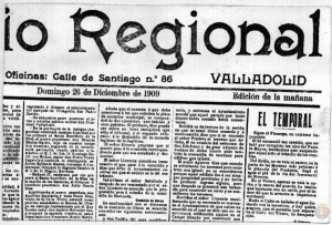 Diario Regional que anuncia crecida del Pisuerga en 1909