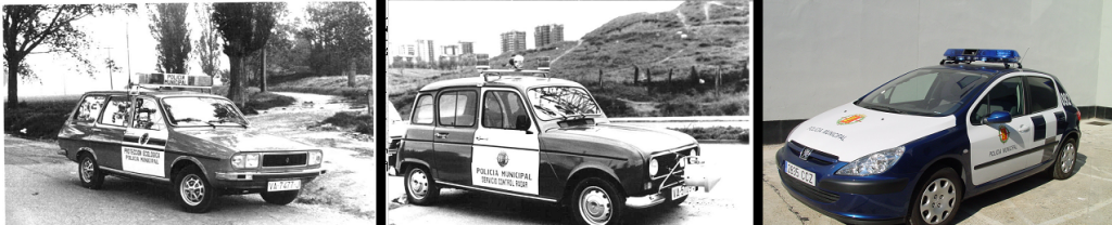 Coches de la Policía Municipal. Dos modelos de la casa Renault, el Renault 4 y el Renault 12