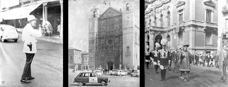 Agente dirigiendo el tráfico / coche de la Policía Municipal / desfile con trajes de gala. Todas, años 50.