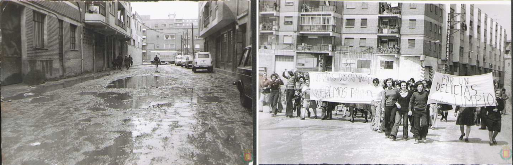 A la derecha, los vecinos se manifiestan al grito de  'No más discriminación, queremos pavimentación'. A la izquierda, una calle sin pavimentar. Ambas imágenes fueron tomadas en los años 70.