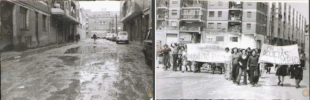 A la derecha, los vecinos se manifiestan al grito de 'No más discriminación, queremos pavimentación'. A la izquierda, una calle sin pavimentar. Ambas imágenes fueron tomadas en los años 70.