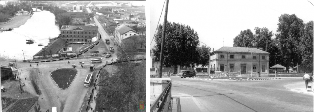 Plaza de San Bartolomé en la década de 1960. A la izquierda, las fábricas 'La Perla del Pisuerga' (desaparecida) y 'La Perla' (hoy hotel Marqués de la Ensenada). A la derecha, la estación de tren.