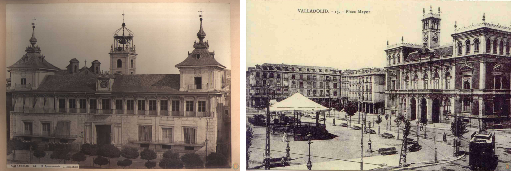 A la izquierda, la antigua Consistorial, demolida en 1875. El nuevo edificio (derecha, década años 20) incorpora un torreón central de estilo medieval en homenaje al anterior edificio.