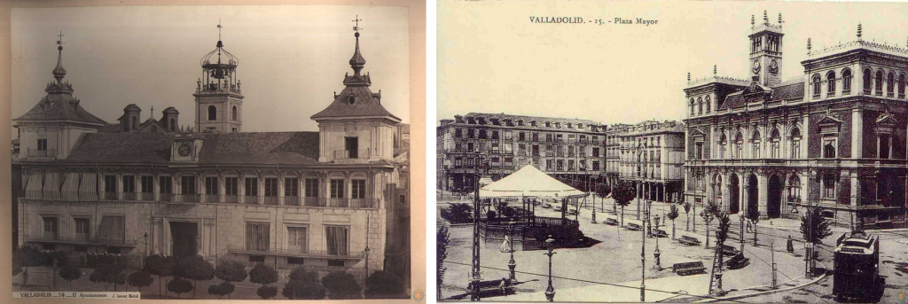 A la izquierda, la antigua Consistorial, demolida en 1875. El nuevo edificio (derecha, década años 20) incorpora un torreón central de estilo medieval en homenaje al anterior edificio. 