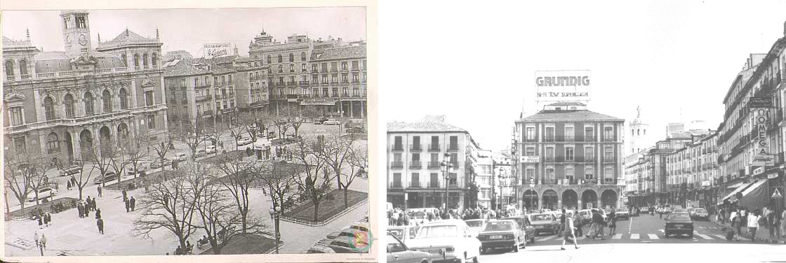 La Plaza Mayor en los años 60 (izquierda) y en los 80 (derecha), con grandes rótulos publicitarios.