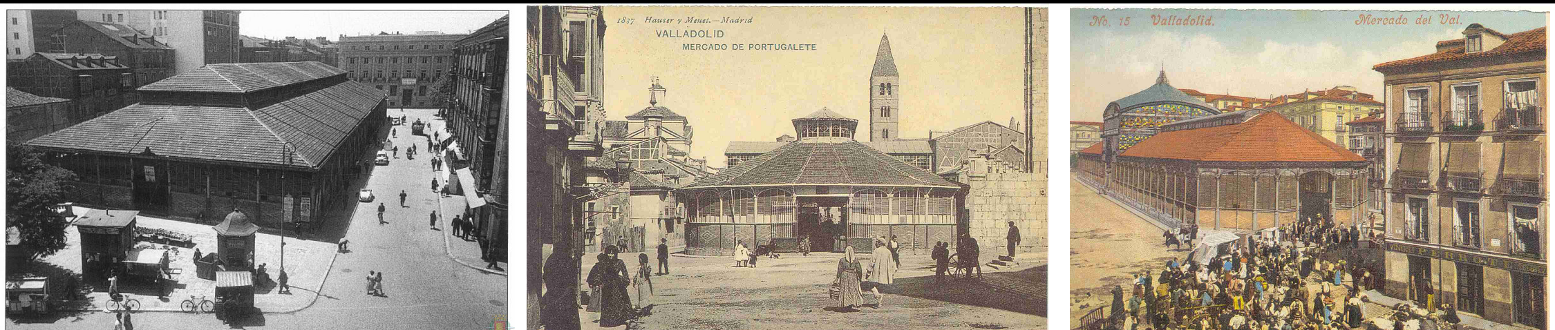 De izquierda a derecha: Mercado del Campillo en los años 60, Mercado del Portugalete a finales del siglo XIX y Mercado del Val a principios del siglo XX, con la cúpula hoy desaparecida.