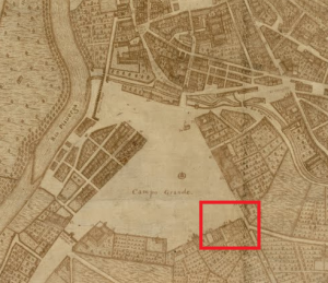 El Campo Grande y el convento de San José Padres Capuchinos (marcado en rojo) en el mapa de Bentura Seco de 1738.