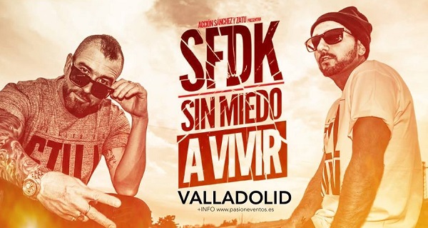 El grupo sevillano de rap SFDK recala en Valladolid para ofrecer un concierto dentro de su gira Sin miedo a vivir. El dúo formado por Saturnino Rey y Óscar Sánchez tomarán el Laboratorio de las Artes de Valladolid para repasar los mejores temas de su discografía y, cómo no, los de su último disco, que da nombre al tour. Concierto dentro del ciclo Conexión Valladolid. Entradas a la venta en taquilla del LAVA, Urban Café, Kafka, Teatro Carrión y Wegow.com